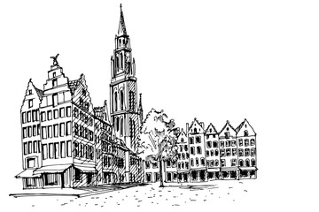 PVector sketch of  Famous fountain with Statue of Brabo in Grote Markt square in Antwerpen, Belgium.
