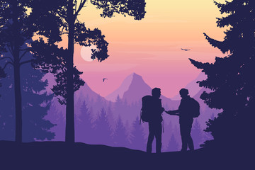 Two tourists, man and woman with backpacks together standing in the woods looking for a path on the map, mountain landscape with flying birds, purple sky, rising sun and clouds