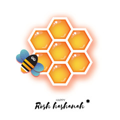 Jewish New Year, Rosh Hashanah Greeting card. Origami Hexagon Honey gold cell and Honey Bee in paper cut style. Happy holiday in Hebrew. White background.