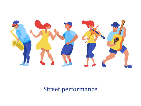 Street musician. Saxophonist, violinist, guitarist, dancers. Street performance. Vector illustration.