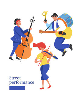 Street musician. Man band, violinist, bass player. Street performance. Vector illustration in flat style.