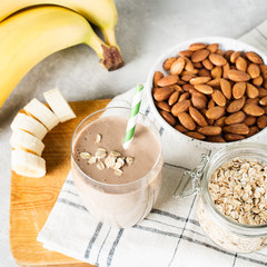 Healthy breakfast smoothie banana oatmeal almond milk