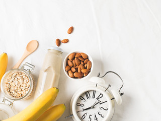 Healthy breakfast smoothie banana oatmeal almond milk