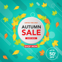 Autumn sale banner template with leaves, fall leaves for shopping sale. banner design. Poster, card, label, web banner. Vector illustration