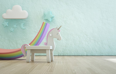 White toy unicorn on wooden floor of kids room with empty rough blue concrete texture wall background. Modern design interior 3d illustration.