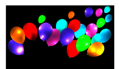 Bright flying balloons on a dark background