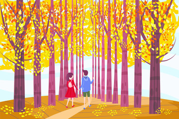 Autumn alley, two guy and girl characters walking along the path in the park, fall, autumn leaves, mood, color, vector, illustration, cartoon style, isolated