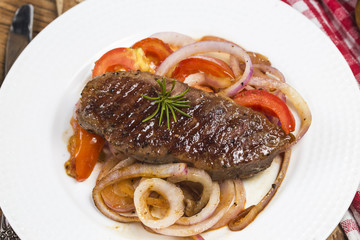 Fried steak, Tomato, onion