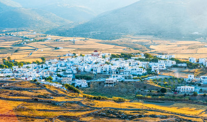 Panoramic view on small village on Paros island, Greece. Beautiful landscape of the village