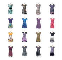 Collage of female colorful evening gown clothing on mannequin 