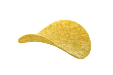 Single potato chip on white background close-up isolated
