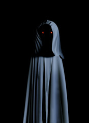 Spooky monster in hooded cloak with glowing eyes