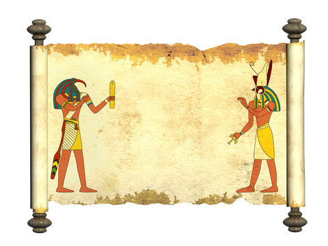 Old parchment with Egyptian gods images Toth and Horus