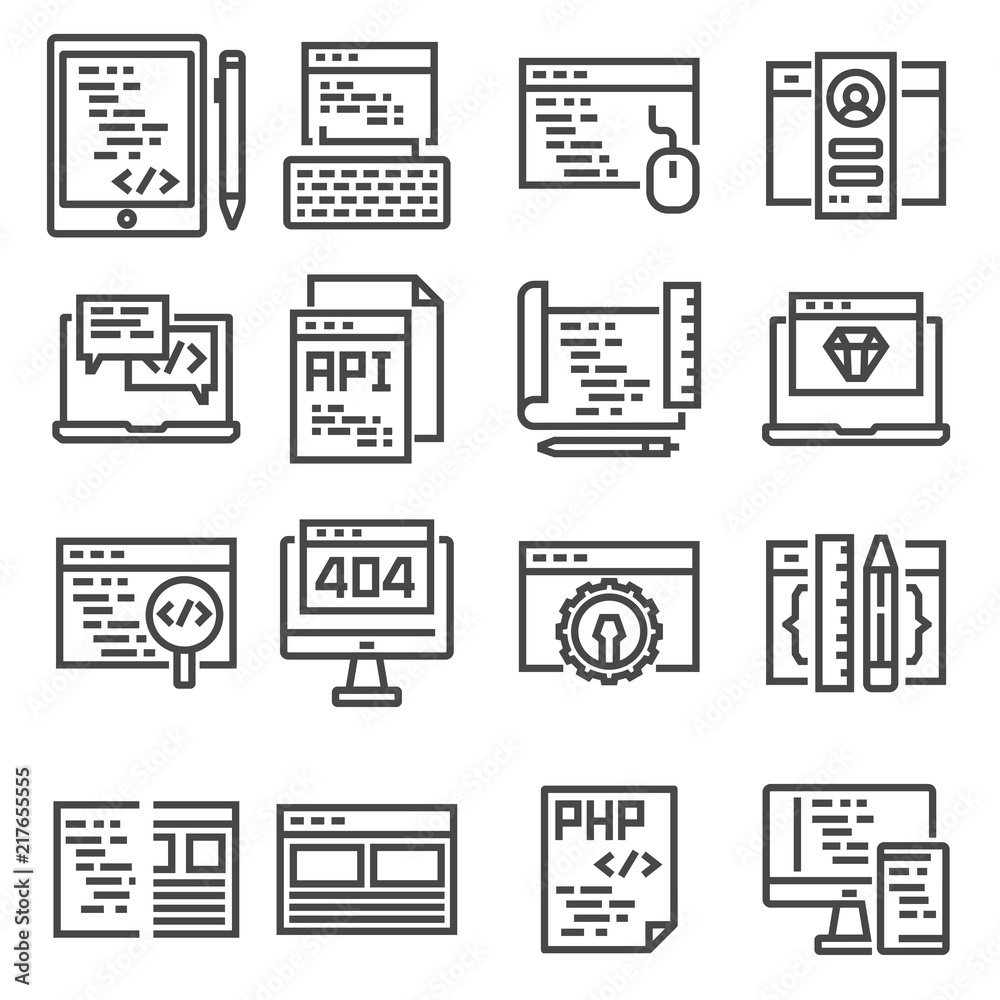 Wall mural set of vector web development line icons.