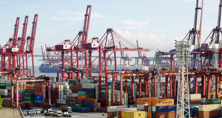 Commercial container port in Hong Kong at summer