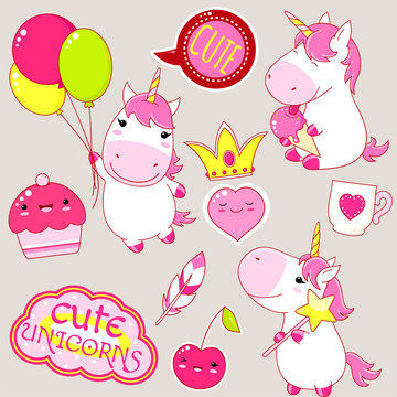 Fototapeta Set of cute unicorns stickers in kawaii style