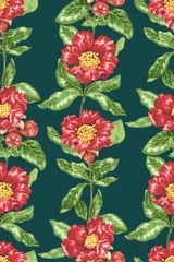 Foto op Plexiglas Seamless pattern in vector drawing with vectical branch of blooming pomegranate flowers © Юлия Фуштей