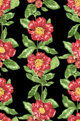 Seamless pattern in vector drawing with vectical branch of blooming pomegranate flowers