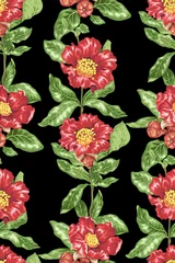 Zelfklevend Fotobehang Seamless pattern in vector drawing with vectical branch of blooming pomegranate flowers © Юлия Фуштей