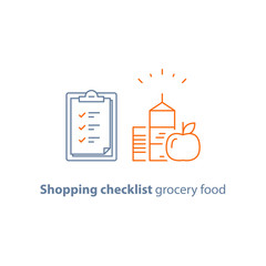 Store food and drink order, grocery special offer promotion, checklist and clipboard vector line icon