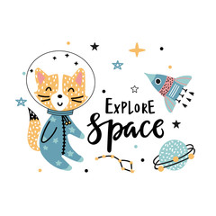 Fox astronaut rocket and text