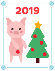 Obraz na płótnie Canvas Greeting card funny cartoon piglet with Christmas tree. Pig Chinese zodiac symbol of the year. Vector illustration