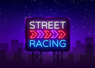 Street Racing Night Neon Logo Vector. Racing neon sign, design template, modern trend design, sports neon signboard, night bright advertising, light banner, light art. Vector illustration. Billboard
