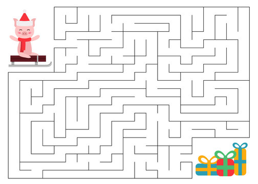 Maze game for children. Help the pig find way to the gifts. New year symbol. Vector illustration