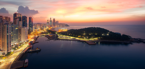 Busan beach with sunrise sky on summer