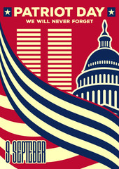 Patriot Day vintage banner or poster. We will never forget September 11. Vector illustration