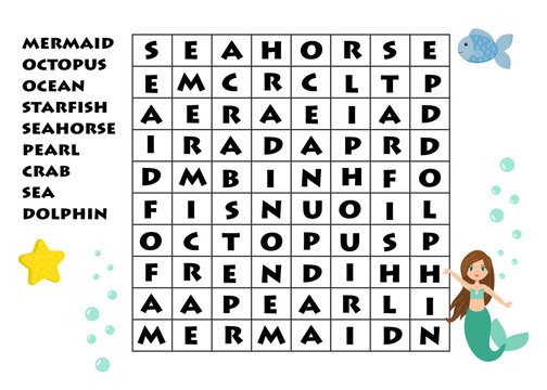 Educational game for kids. Word search game. Underwater theme. Learning vocabulary. Vector illustration