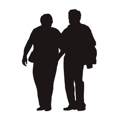 Senior couple walking together, isolated vector silhouette. Old people