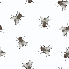 Seamless pattern with image of flies. Vector illustration