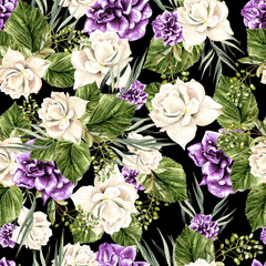 Beautiful  watercolor pattern with white roses and purple peony. 