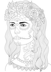 coloring page with a girl with a make-up mask of death
