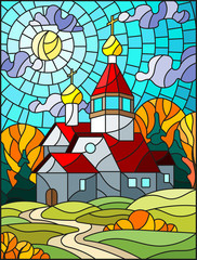 Illustration in stained glass style with Church on the background of autumn landscape, a Church on the background of the Sunny sky and autumn trees