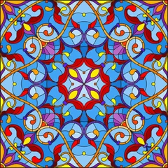 Cercles muraux Tuiles marocaines Illustration dans le style de vitrail, image miroir carrée avec ornements floraux et tourbillons, image carrée