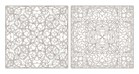 Set contour illustrations of stained glass with abstract swirls and flowers , square image