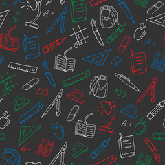 Seamless pattern on the theme of the school, a simple hand-drawn contour icons ,colored chalks on the dark school Board