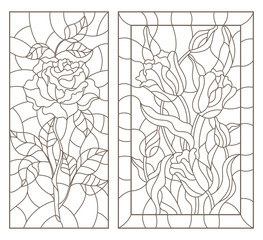 A set of contour illustrations of stained glass with flowers, a rose and a bouquet of tulips, dark contours on a white background