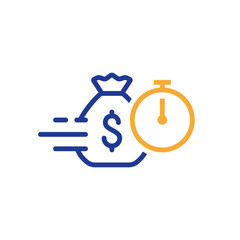 Fast loan, quick money, finance services, timely payment, stopwatch and money bag, vector icon