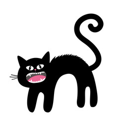Frightened cat arch back. Screaming kitten. Hair fur stands on end. Eyes, fangs, moustaches whisker. Cute funny cartoon character. Happy Halloween. Isolated. White background. Isolated. Flat design.