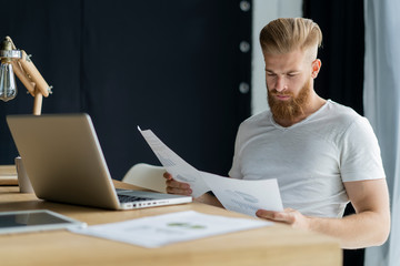 Handsome businessman working with laptop in office.