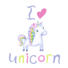 Cute magical unicorn. Vector design on white background. Print for t-shirt. Nursery illustration for children.