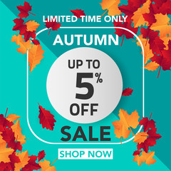 Autumn sale banner template with leaves, fall leaves for shopping sale. banner design. Poster, card, label, web banner. Vector illustration