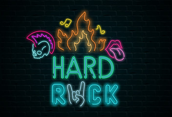 Obraz na płótnie Canvas Hard rock colorful signboard on black realistic bricklaying wall.