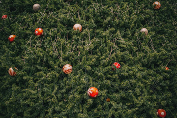 Vintage Christmas tree with ball decoration and sparkle light filter effect. Christmas and New Year holiday background. vintage color tone.