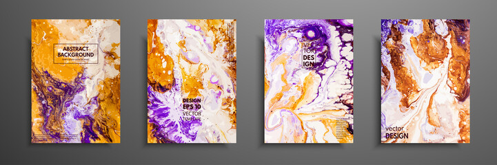 Abstract painting, can be used as a trendy background for wallpapers, posters, cards, invitations, websites. Modern artwork. Marble effect painting. Mixed white, purple and orange paints.