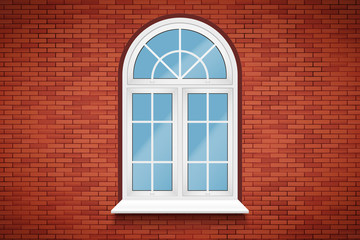 Metal plastic PVC window with arch in brick wall. Outdoor view. Models and frame installation. White color. Sample Vector Illustration