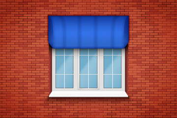 Metal plastic PVC window with fabric awning in brick wall. Outdoor view. Models and frame installation. White color. Sample Vector Illustration